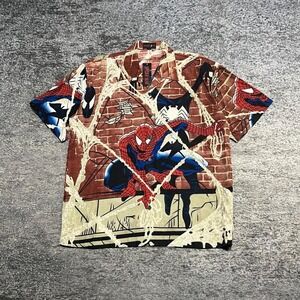 Vintage Spiderman Button Down Shirt Mens Large All Over Print Marvel Button Up